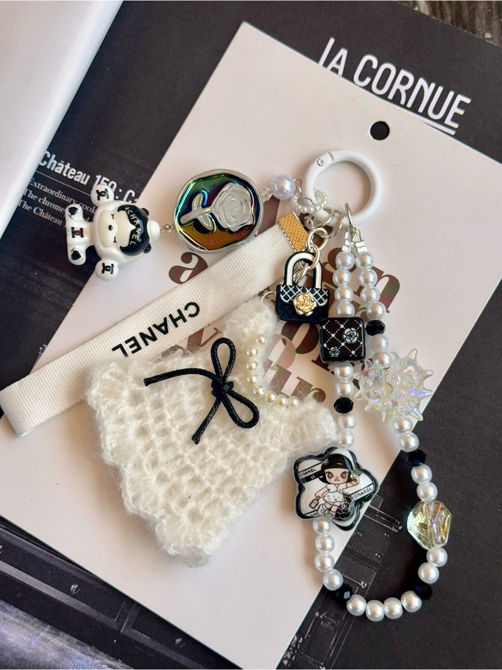 Authentic CC Ribbon with handmade White Knit Dress Pearl Bag Charm
